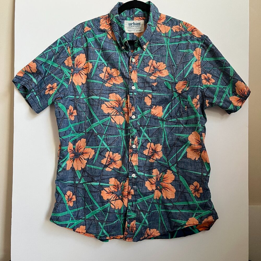 Urban Pipeline Shirt Men's Short Sleeve Button Down Blue Orange Floral XXL